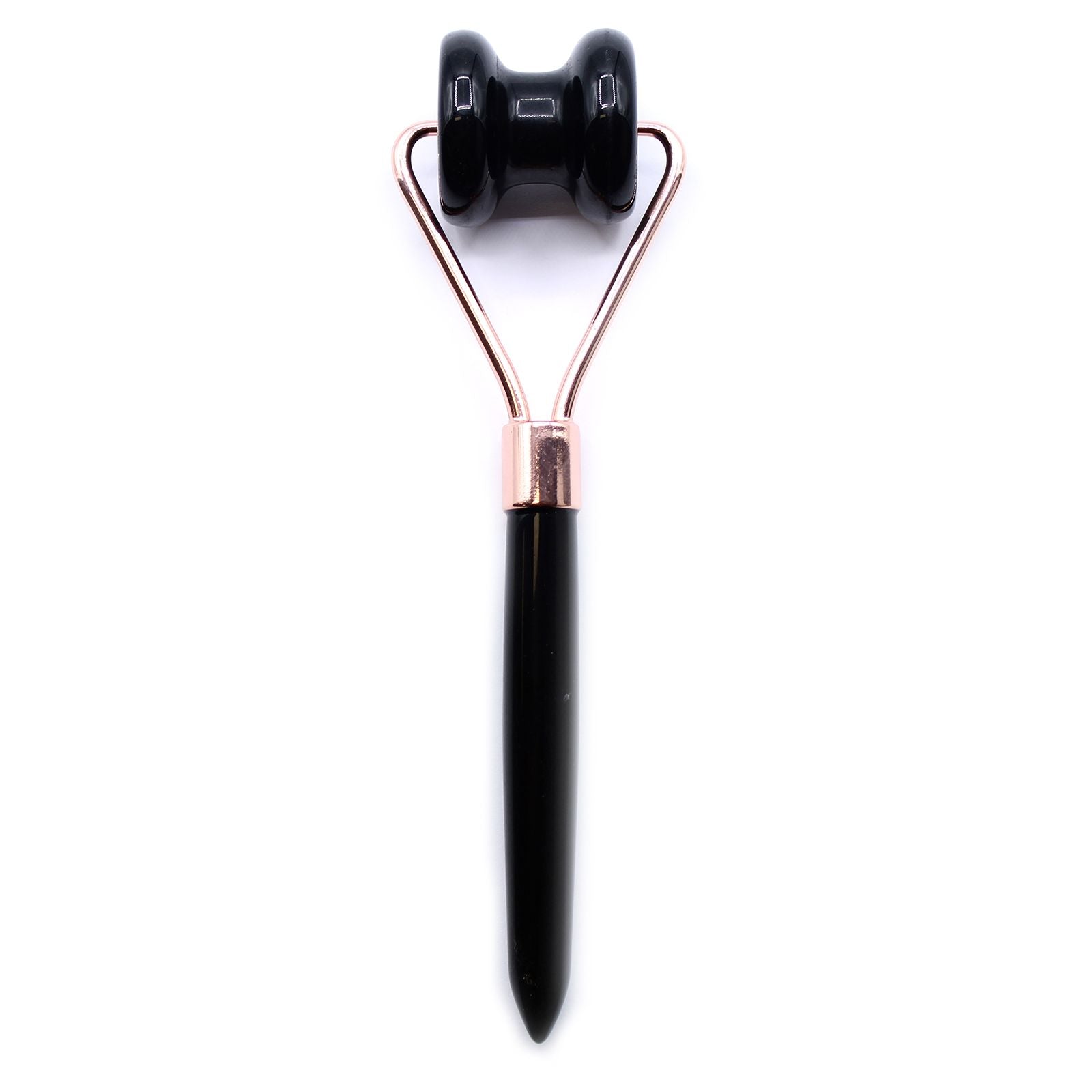 A sleek gemstone jawline roller crafted from authentic black obsidian with a professional black handle.