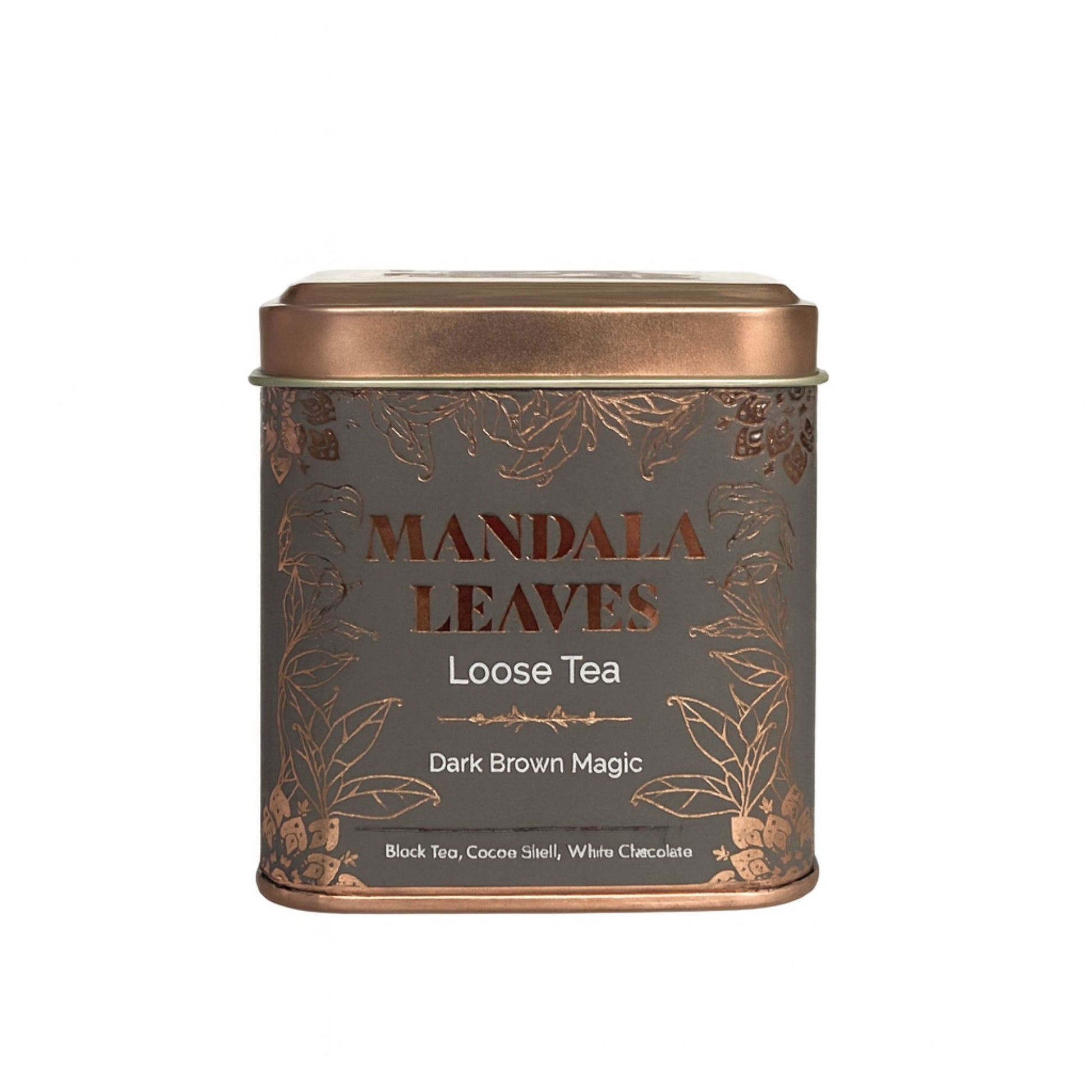 A small bronze-toned tin containing the mysterious and earthy Dark Brown Magic herbal tea blend.