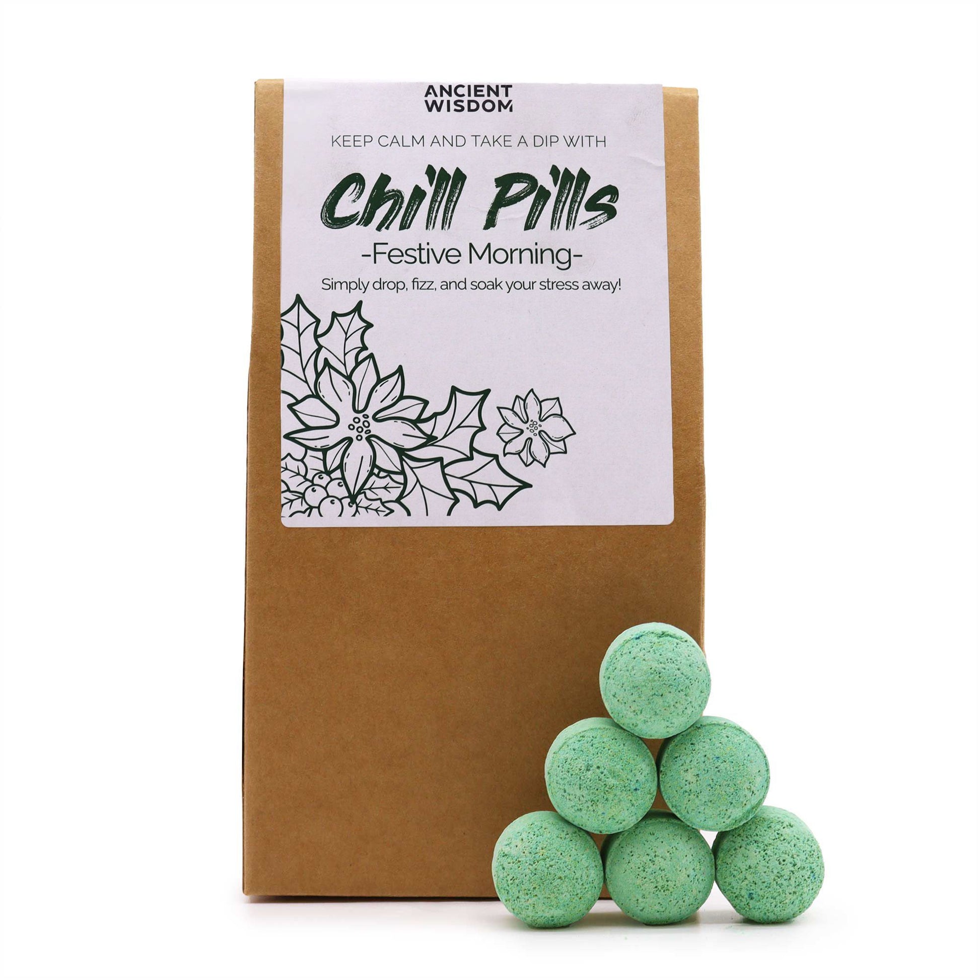 A kraft paper bag containing green-tinted mini bath bombs with a festive scent visible through the clear window packaging.