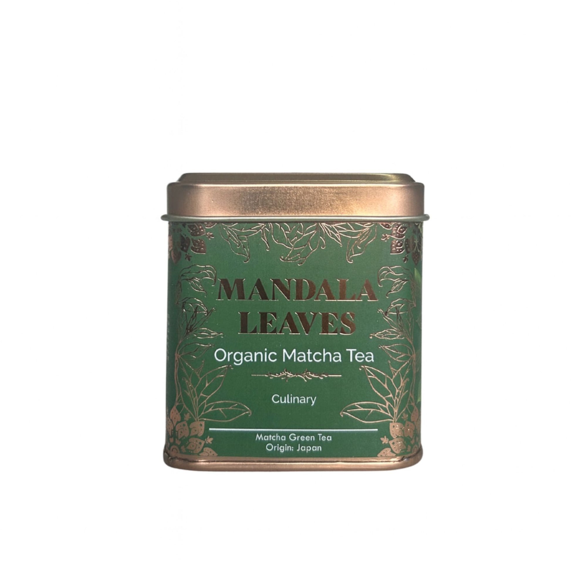 A 50g metal tin of vibrant green organic culinary-grade Matcha powder, ideal for healthy recipes and beverages.