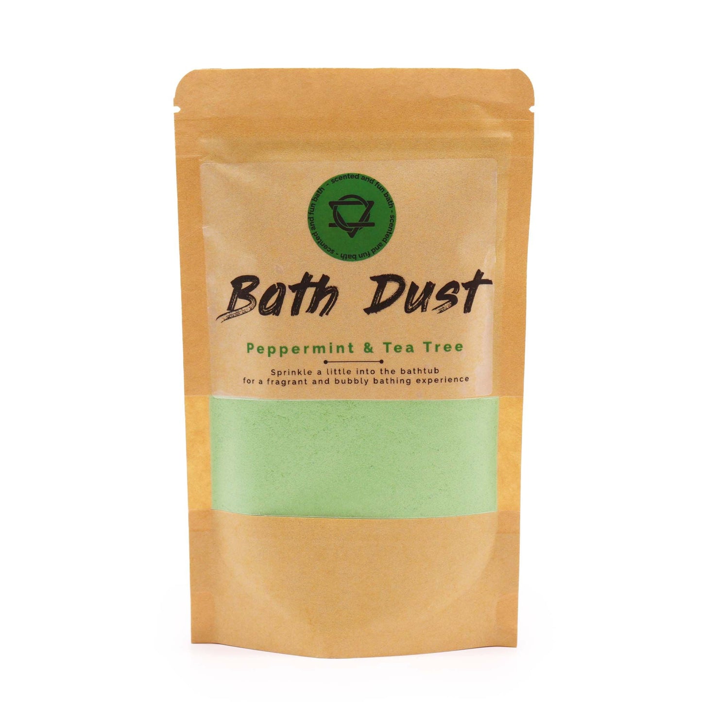 A 190g eco-friendly paper pouch of green-hued bath dust with an invigorating peppermint and tea tree scent.