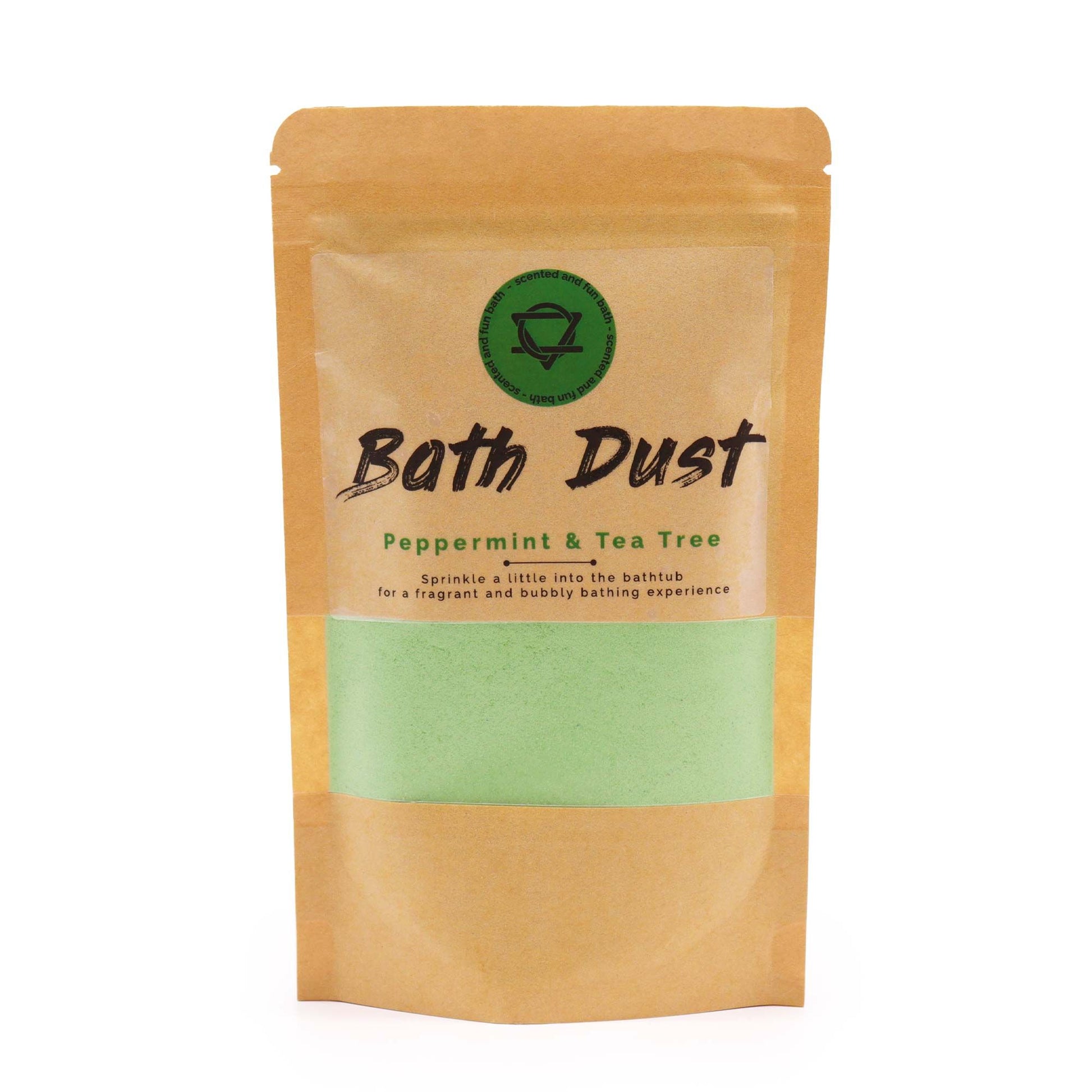 A 190g eco-friendly paper pouch of green-hued bath dust with an invigorating peppermint and tea tree scent.
