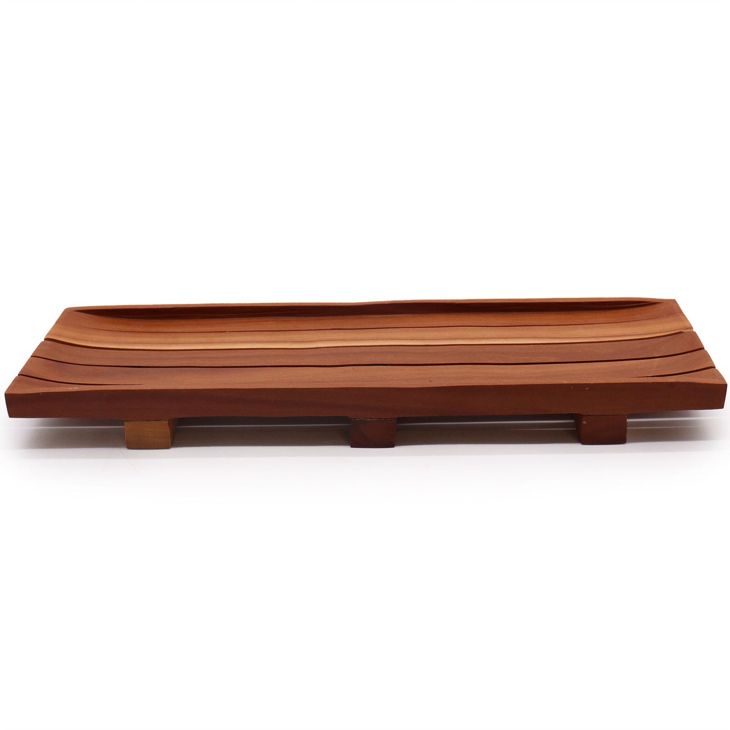 A long, dark-toned tray handcrafted from rich mahogany wood, designed to hold full artisan soap loaves.