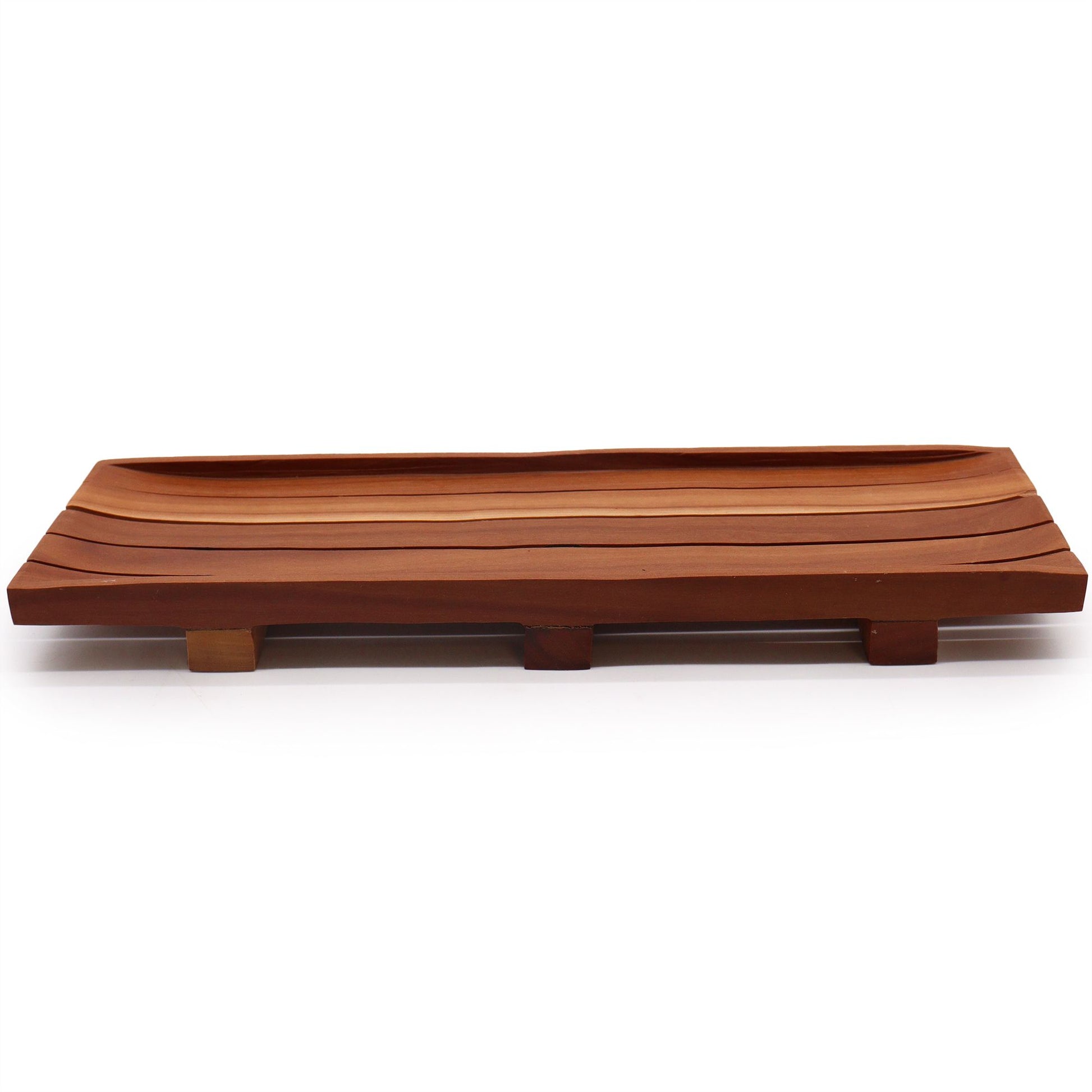 A long, dark-toned tray handcrafted from rich mahogany wood, designed to hold full artisan soap loaves.