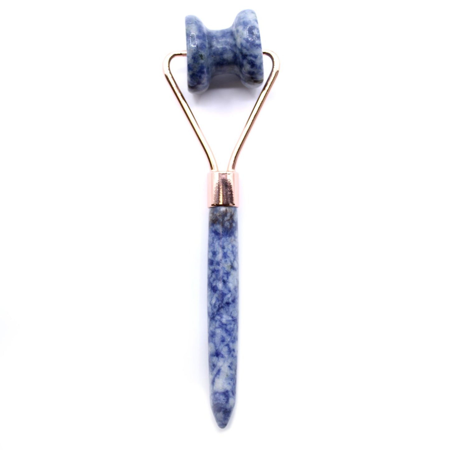 A specialized double-pronged facial roller featuring two polished Sodalite stones designed to contour the jaw and neck.