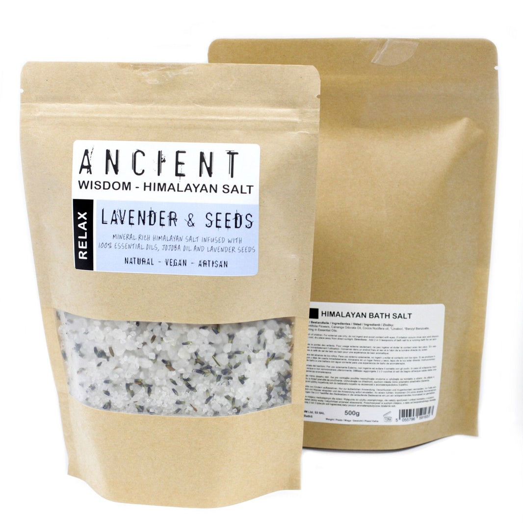 A 500g kraft paper bag of pink Himalayan bath salts blended with calming essential oils and dried botanicals.