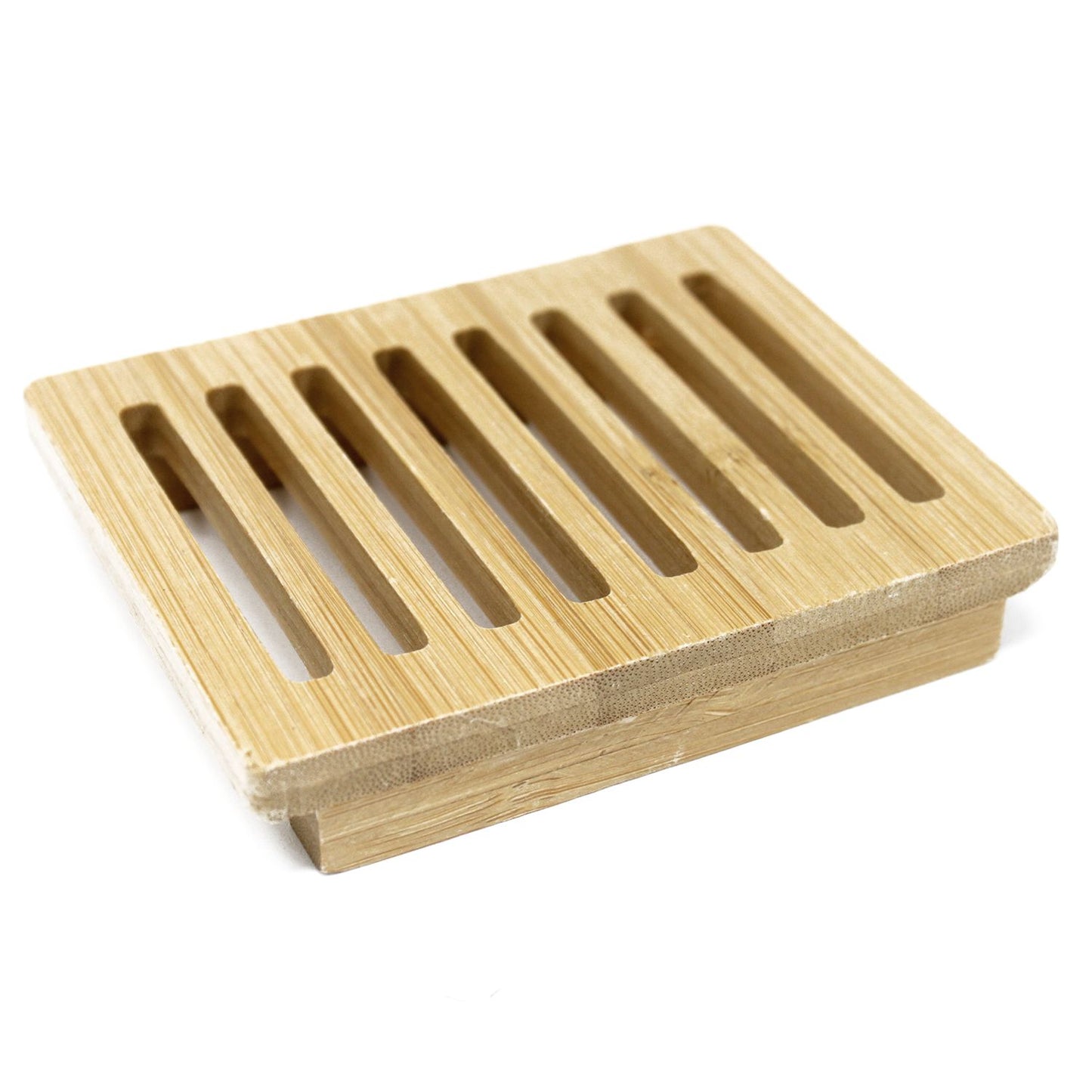 A natural light-colored Hemu wood soap dish in a box-style design with drainage slats for artisan bar soap.