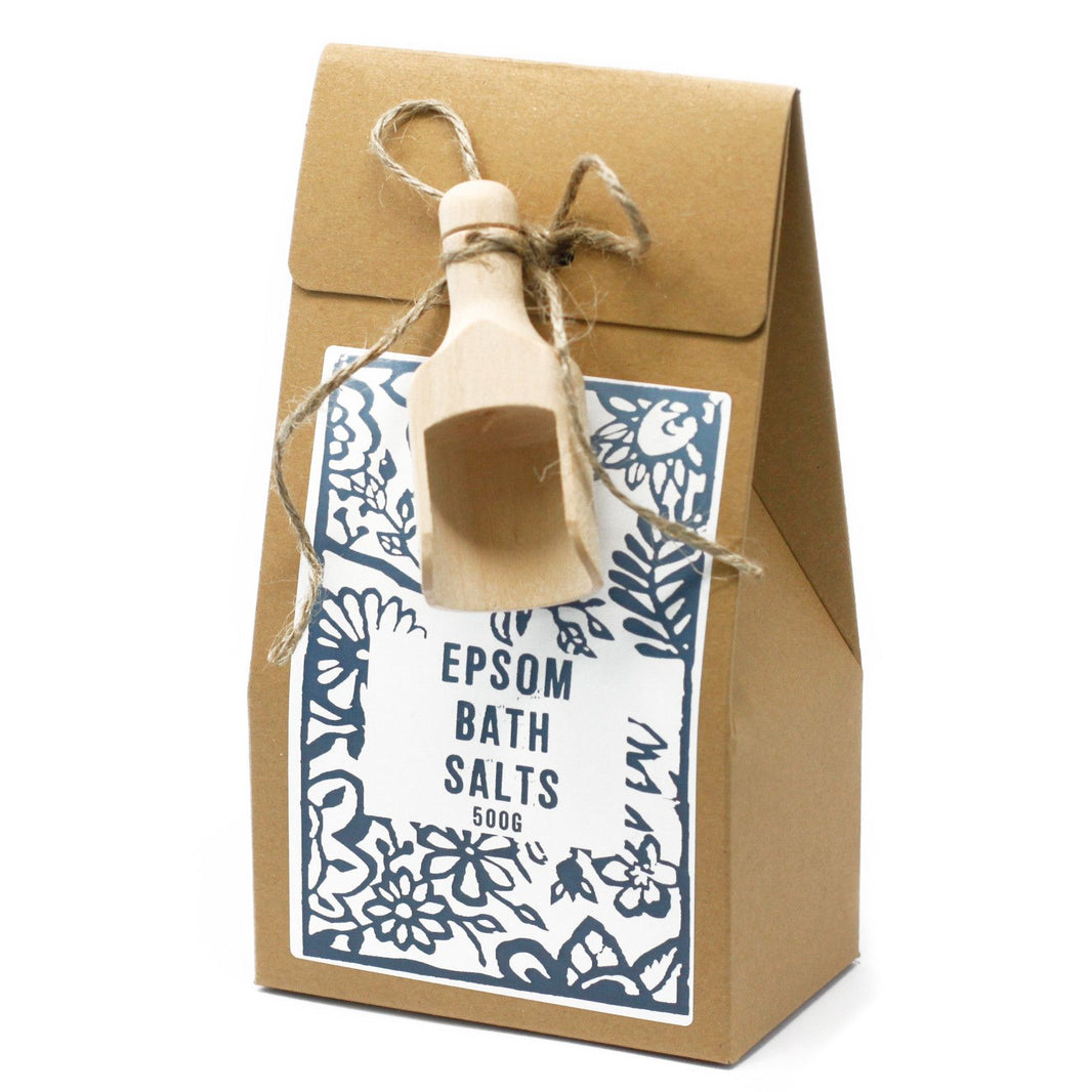 A 500g kraft paper pouch of high-quality pure Epsom salts for muscle relief and mineral baths.