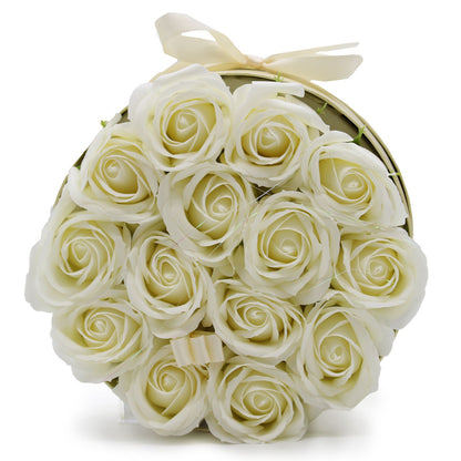 A large round white gift box packed with 14 realistic cream soap roses, perfect for neutral home decor or gifting.