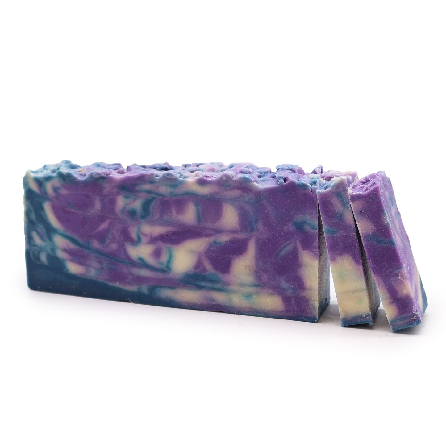 A 110g artisan olive oil soap slice featuring purple and white marbled layers and a fresh botanical fragrance.