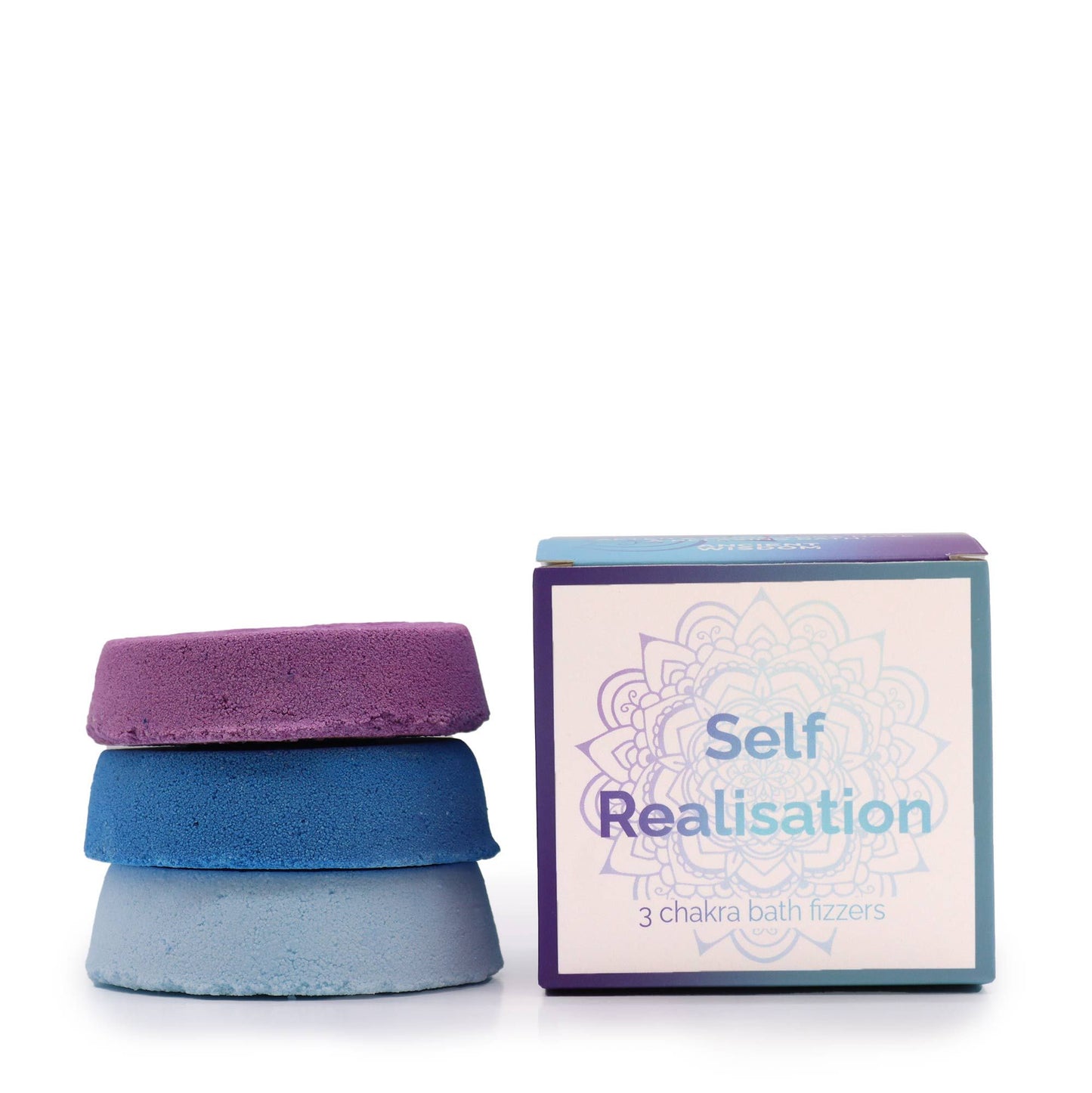 A compact gift box with two square bath fizzers in deep blue and purple, designed for spiritual focus and self-realisation.
