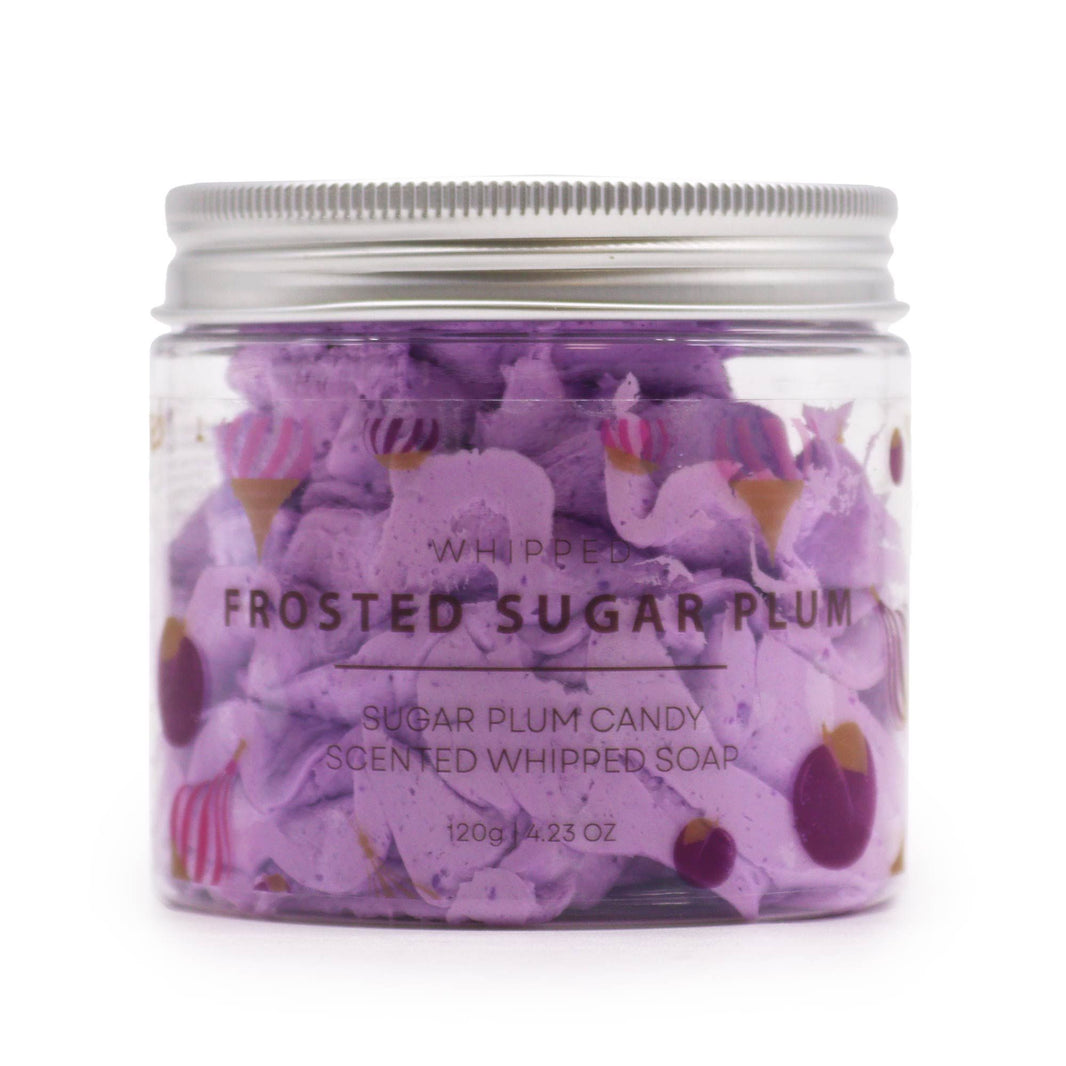 A 120g jar containing purple and white swirled whipped cream soap with a sweet, frosted sugar plum fragrance.