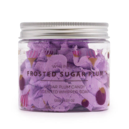 A 120g jar containing purple and white swirled whipped cream soap with a sweet, frosted sugar plum fragrance.