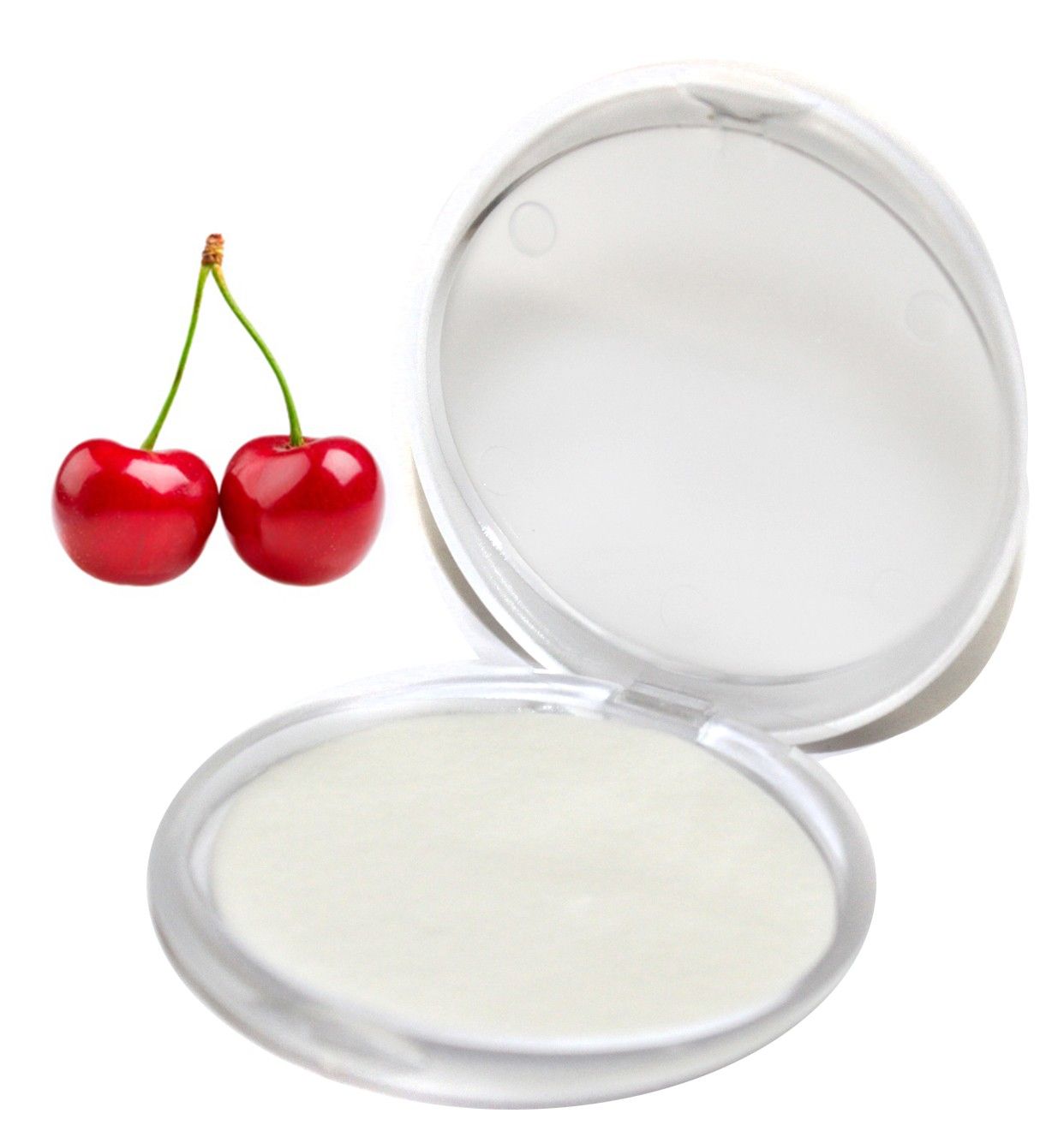 A round silver travel case containing thin, cherry-scented paper soap sheets for portable hygiene.
