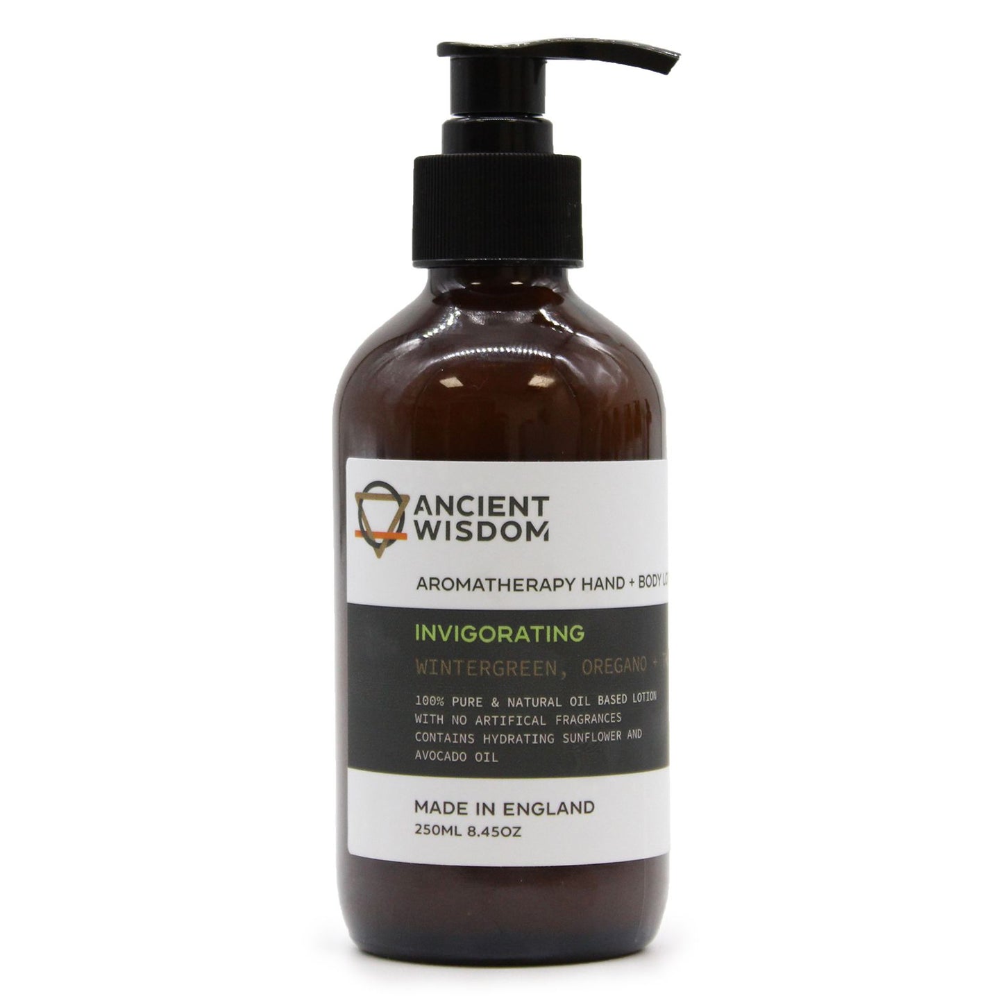 A 250ml amber pump bottle of herbal hand and body lotion featuring therapeutic Wintergreen, Oregano, and Thyme essential oils.