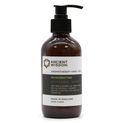 A 250ml amber pump bottle of herbal hand and body lotion featuring therapeutic Wintergreen, Oregano, and Thyme essential oils.