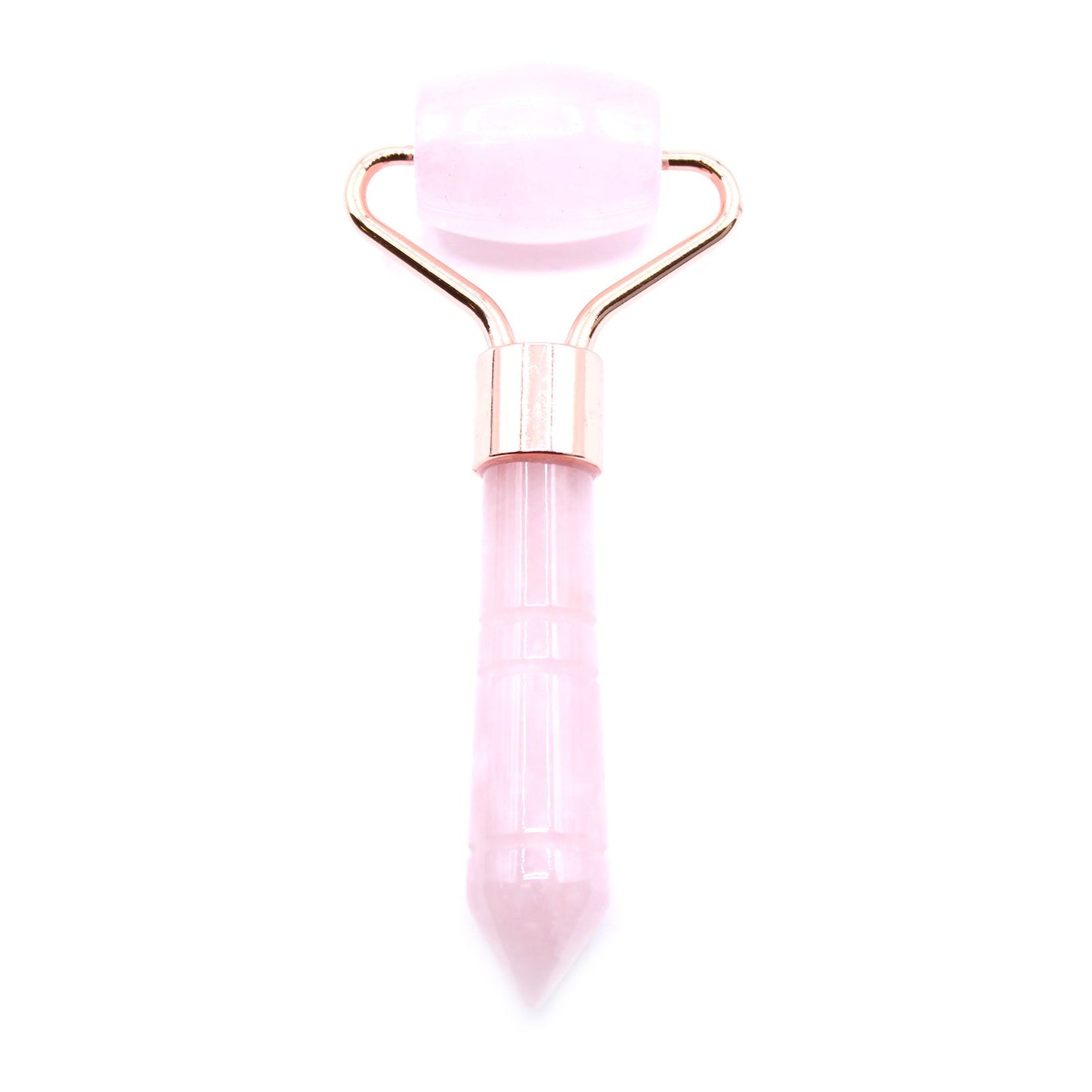 A compact pink rose quartz gemstone facial roller with a white handle, perfect for portable beauty rituals.