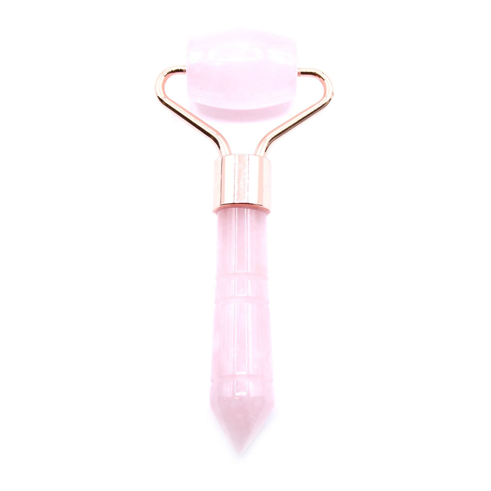 A compact pink rose quartz gemstone facial roller with a white handle, perfect for portable beauty rituals.