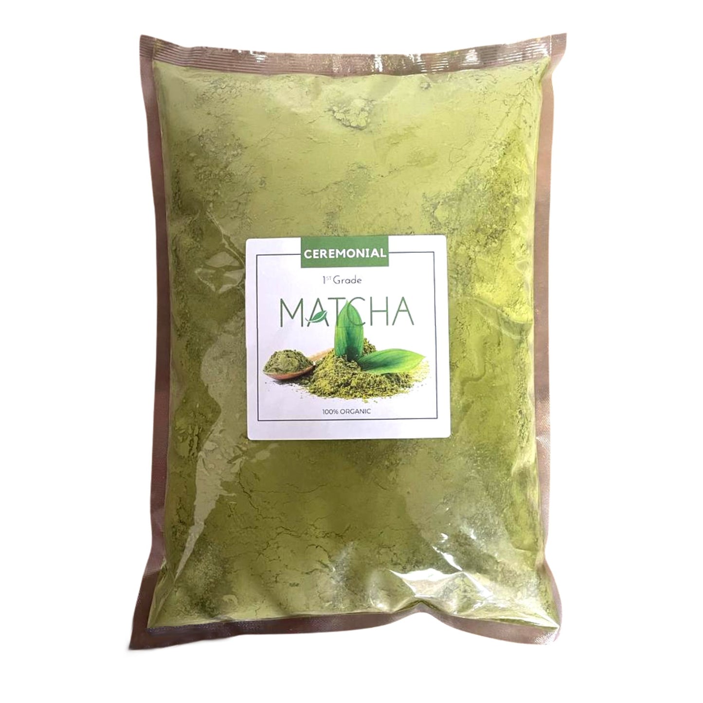 A premium green foil pouch of first-grade ceremonial organic matcha powder with a professional white and green label.