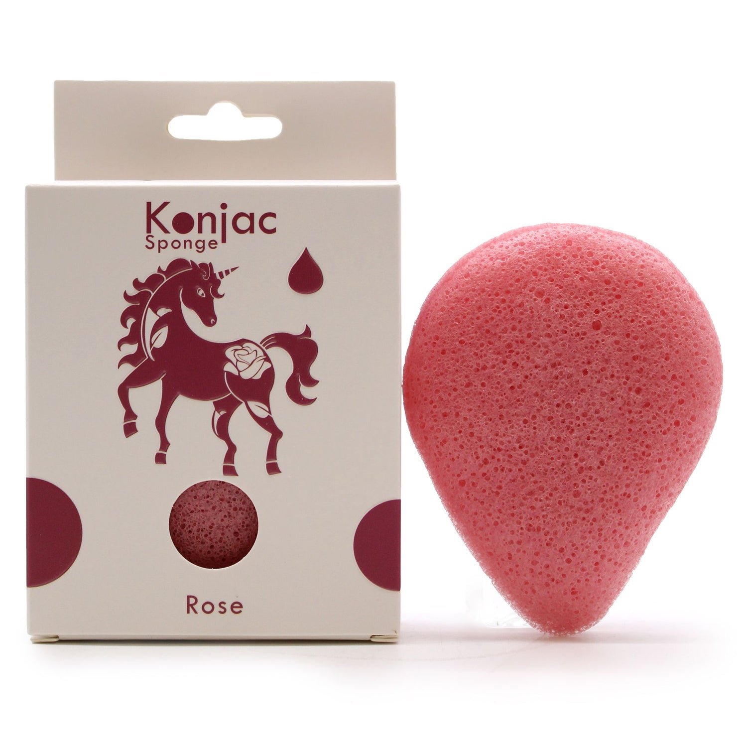 A pink teardrop-shaped natural Konjac facial sponge infused with rose, designed for anti-aging and skin brightening.