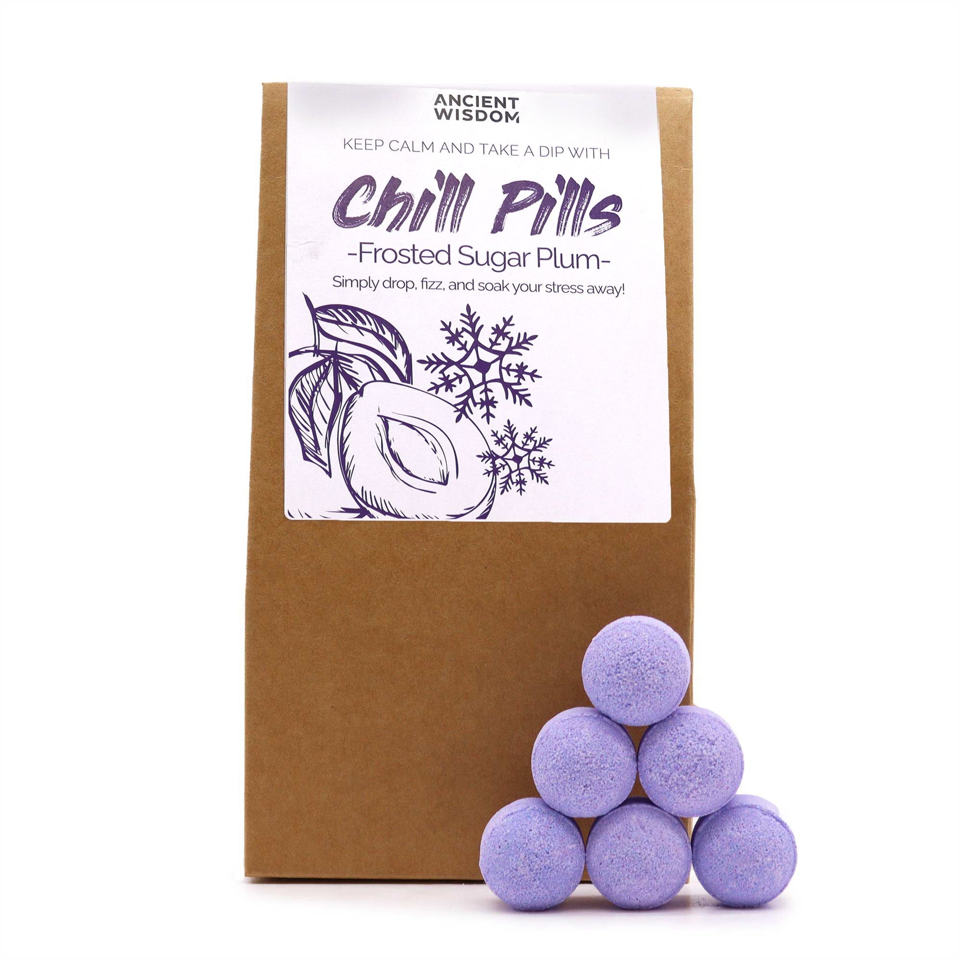 A kraft paper bag with a clear window filled with numerous small, purple-tinted bath bomb spheres.