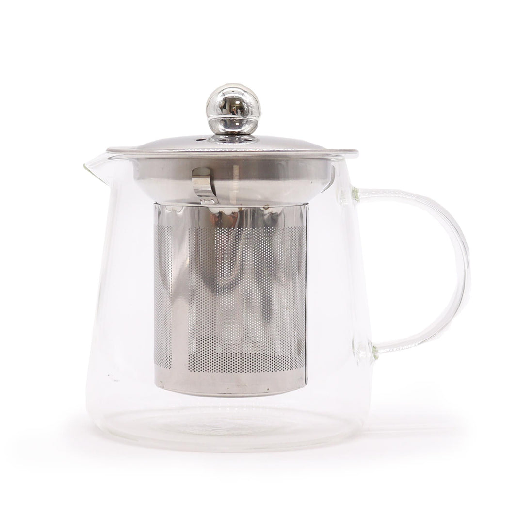A compact, flask-shaped borosilicate glass teapot with a stainless steel infuser and clear handle.