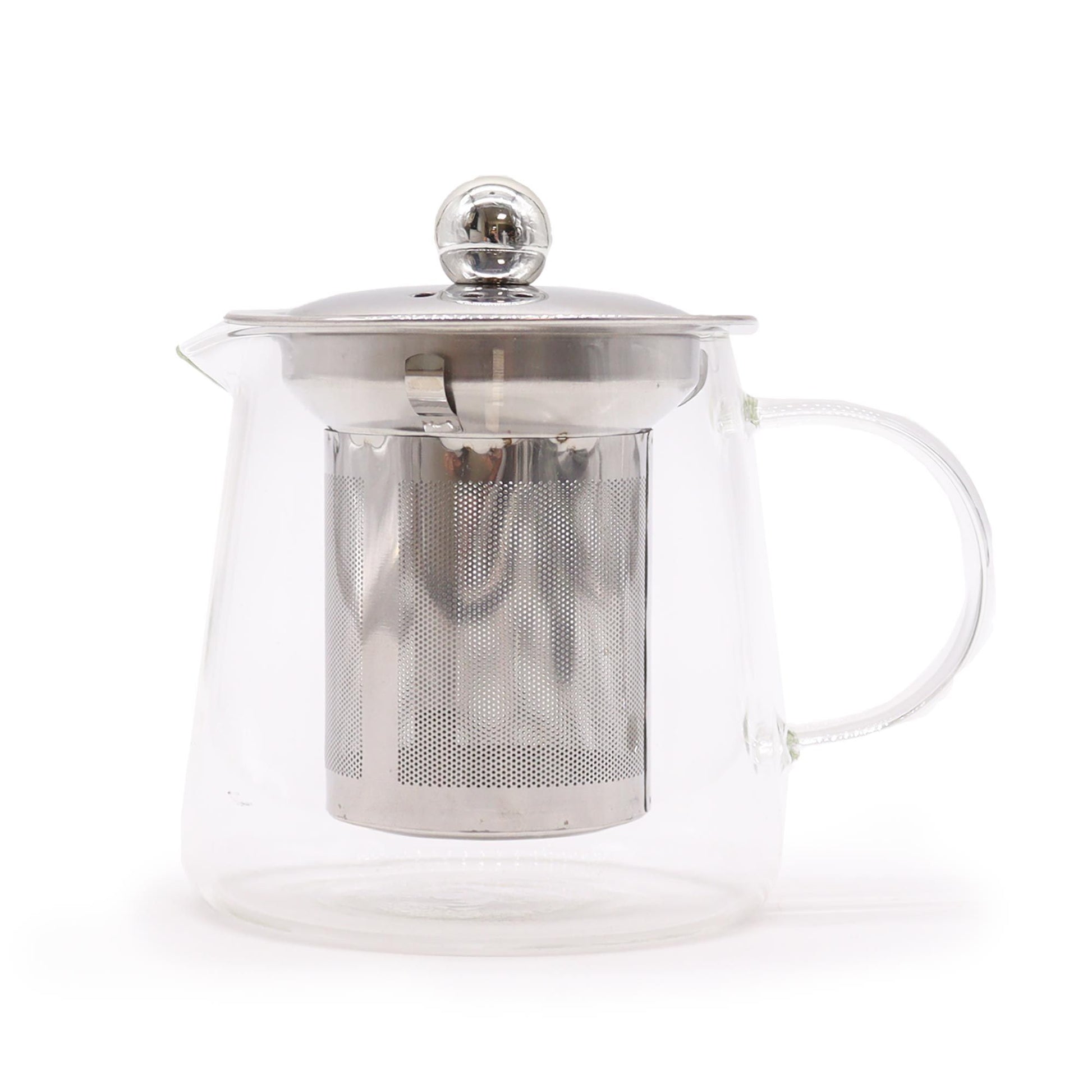 A compact, flask-shaped borosilicate glass teapot with a stainless steel infuser and clear handle.