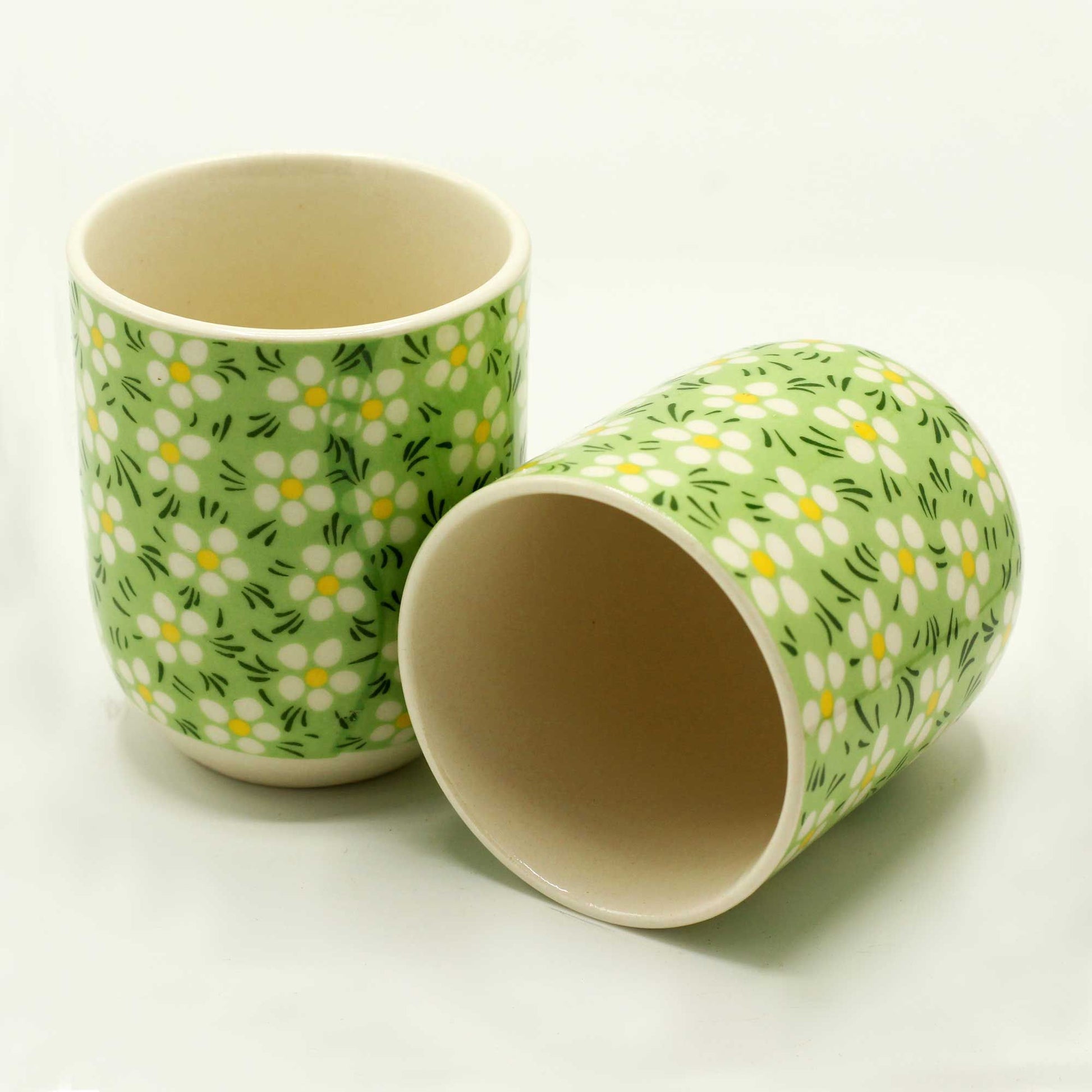 Two white ceramic tea cups with light green rims and white daisy flower patterns for herbal tea.
