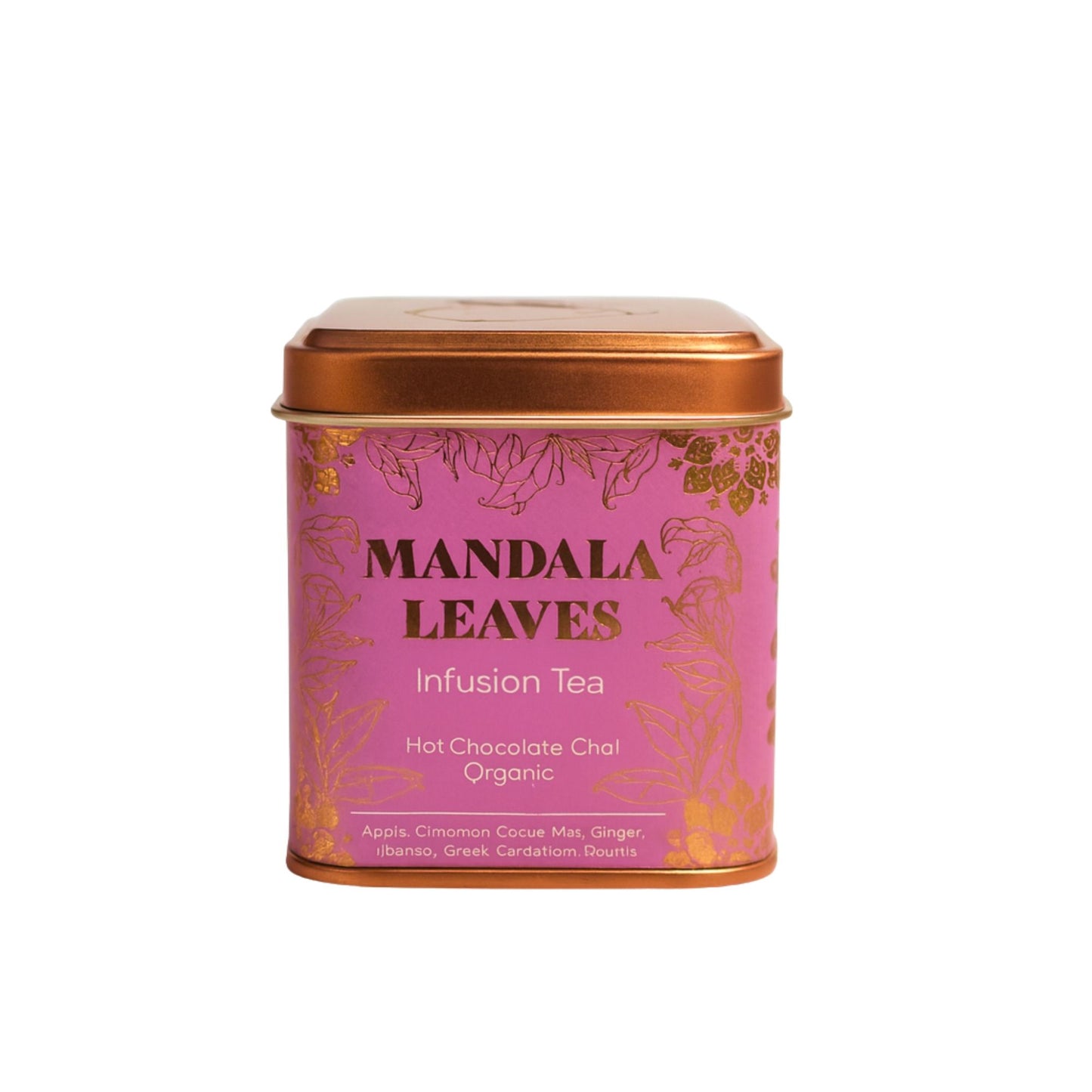 A small pink-labeled tin containing a rich mixture of chocolate pieces, tea leaves, and aromatic masala spices.