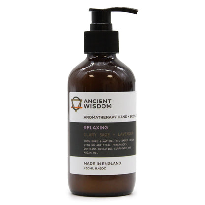 An amber glass pump bottle featuring a clean, minimalist label for the Clary Sage and Lavender moisturizing body lotion.