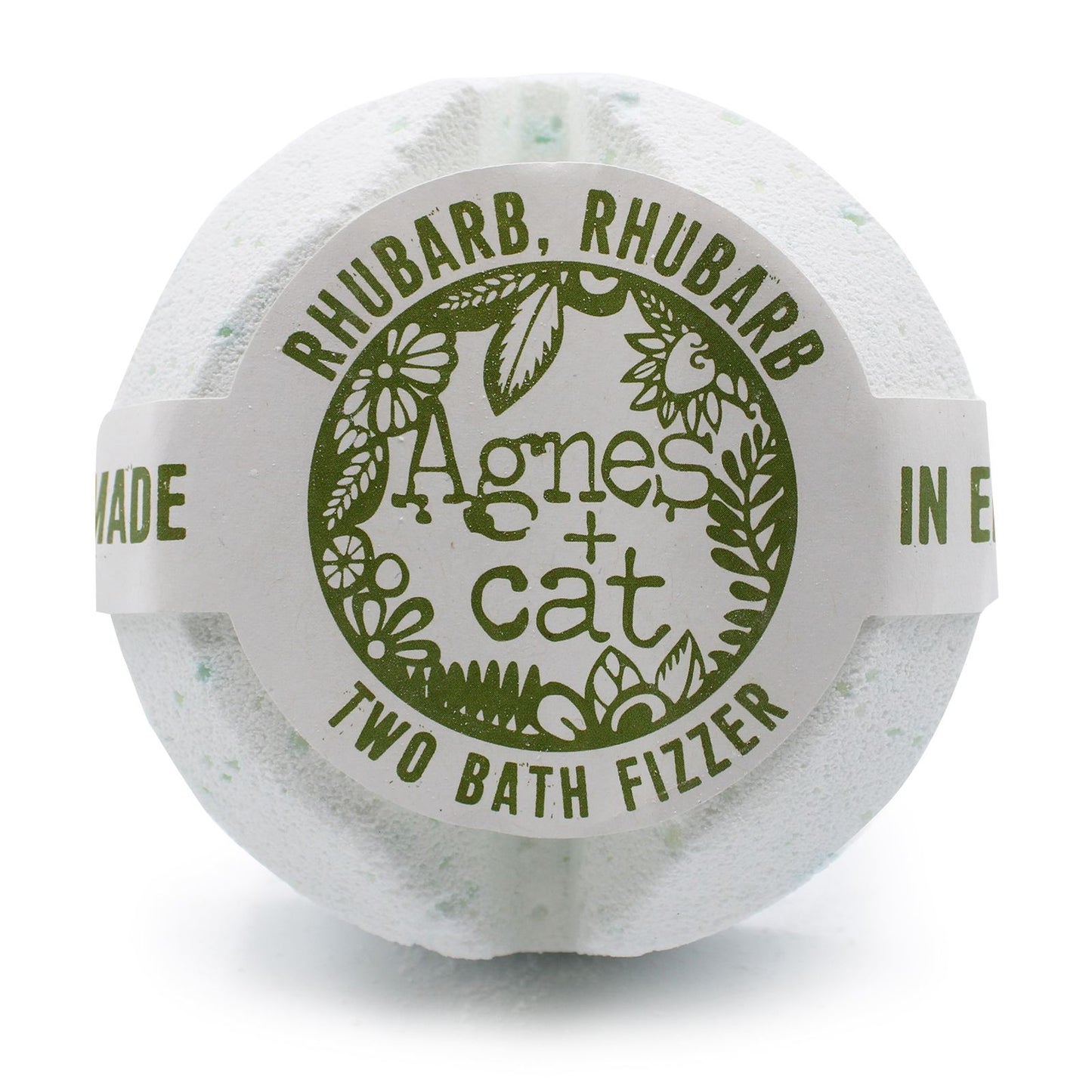 A jumbo 200g white bath fizzer with a classic green and white label featuring botanical rhubarb illustrations.