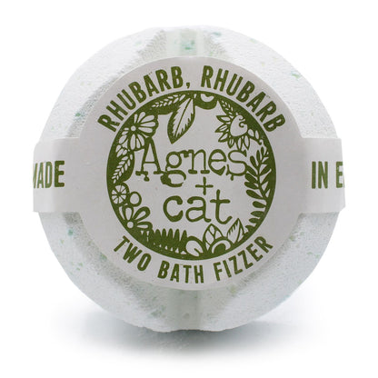 A jumbo 200g white bath fizzer with a classic green and white label featuring botanical rhubarb illustrations.