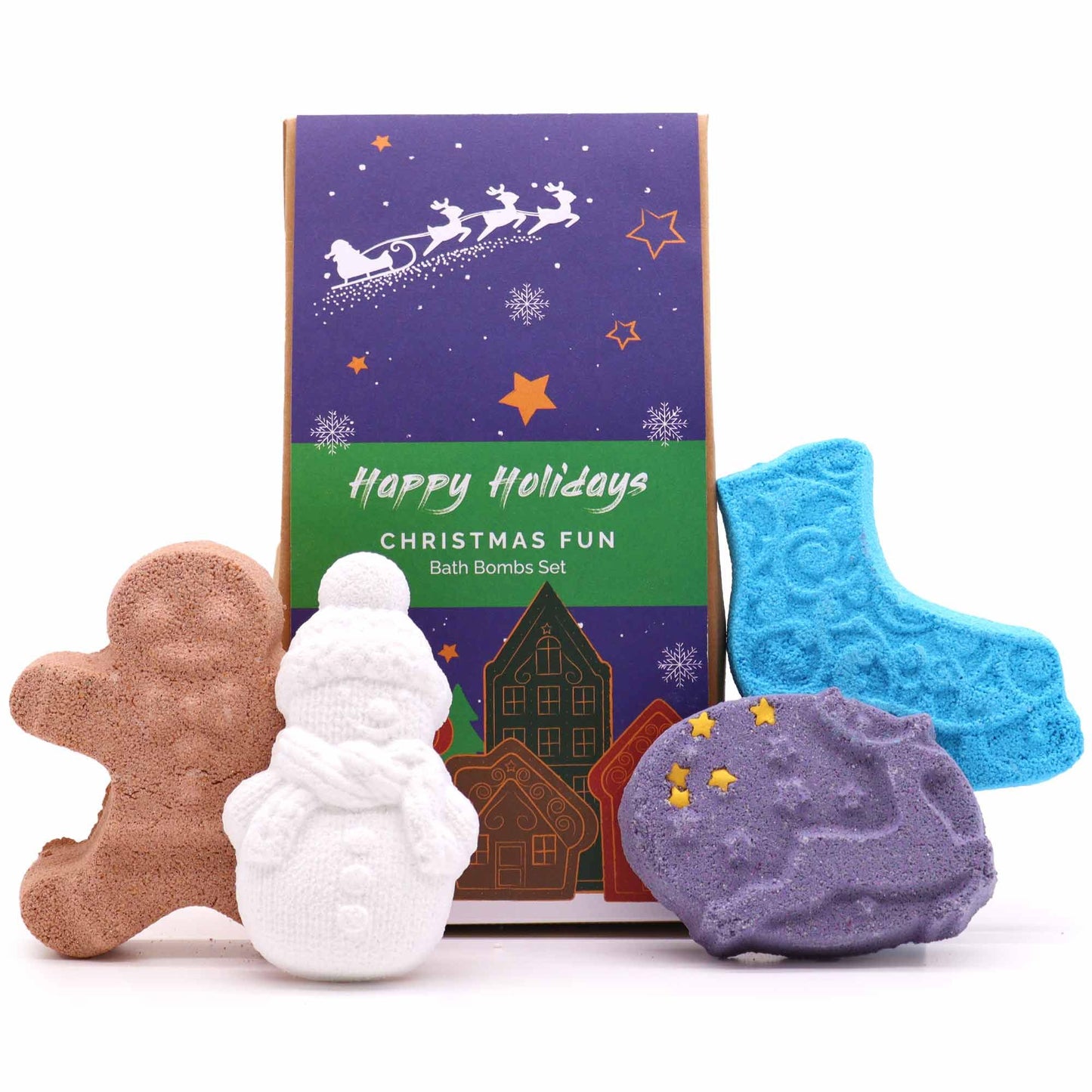 A colorful gift box containing four festive bath bombs shaped like Santa Claus, stars, and snowy Christmas trees.