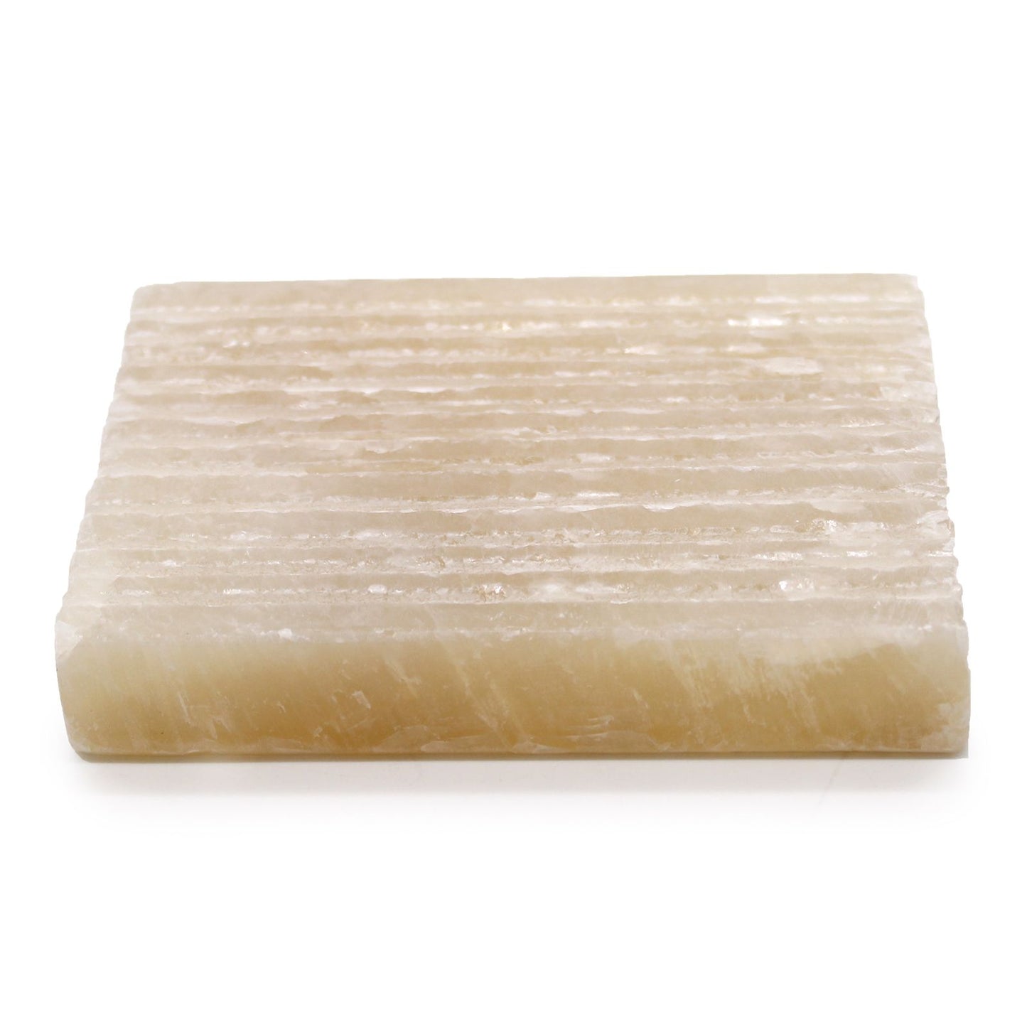 A square, hand-carved soap dish made from polished natural honey onyx featuring elegant golden and cream stone veining.
