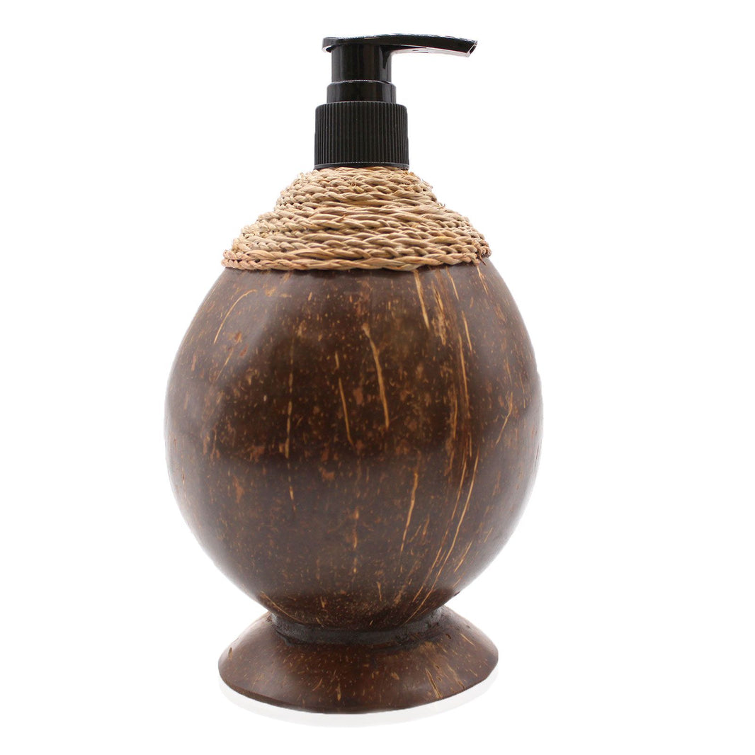A 150ml liquid soap dispenser handcrafted from a real, polished dark brown coconut shell with a black pump.