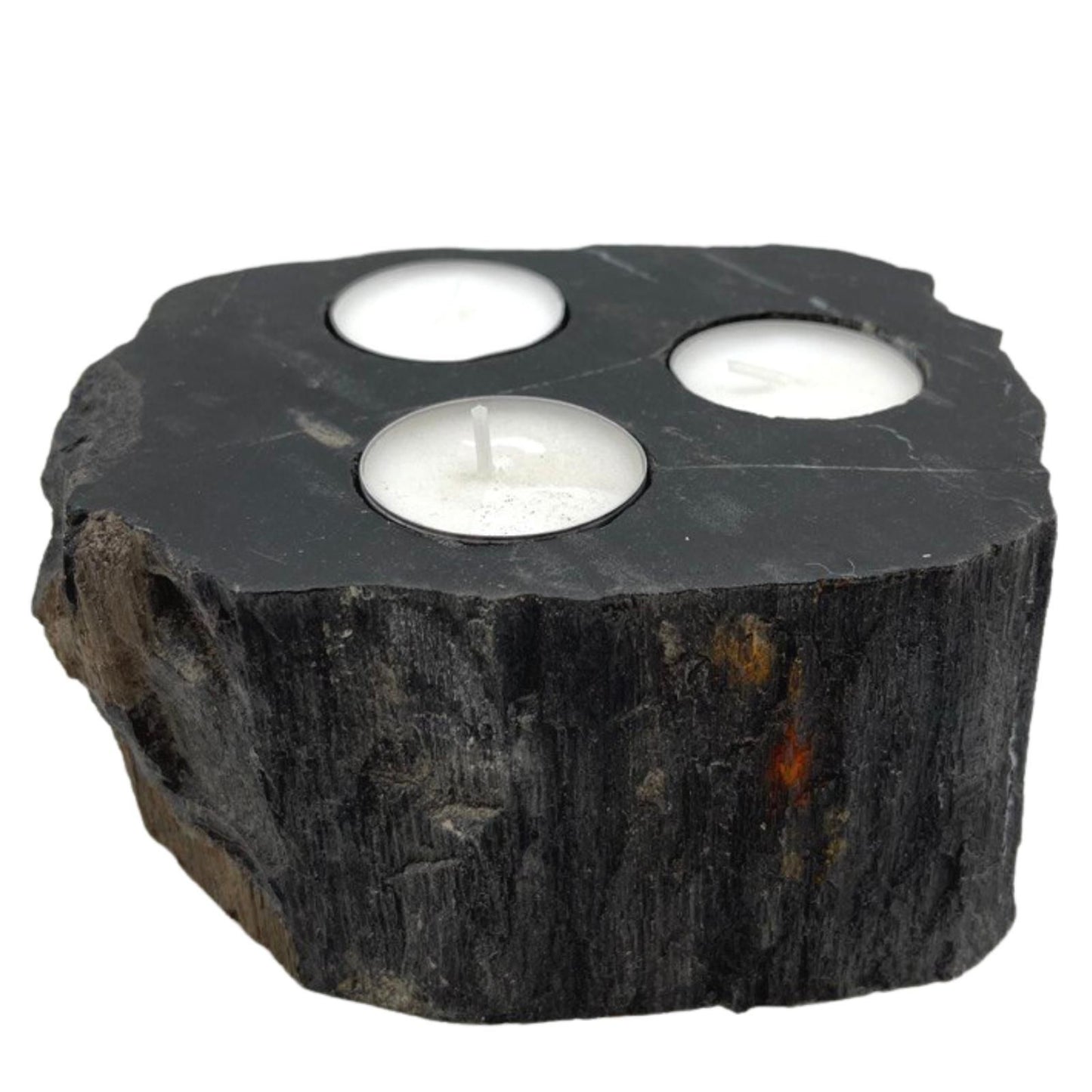 A large, rustic triple candle holder made from a solid piece of natural petrified wood with three slots for tealight candles.