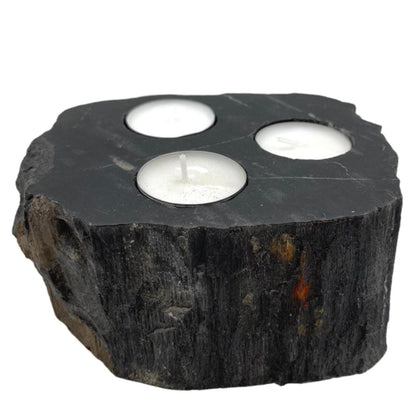 A large, rustic triple candle holder made from a solid piece of natural petrified wood with three slots for tealight candles.