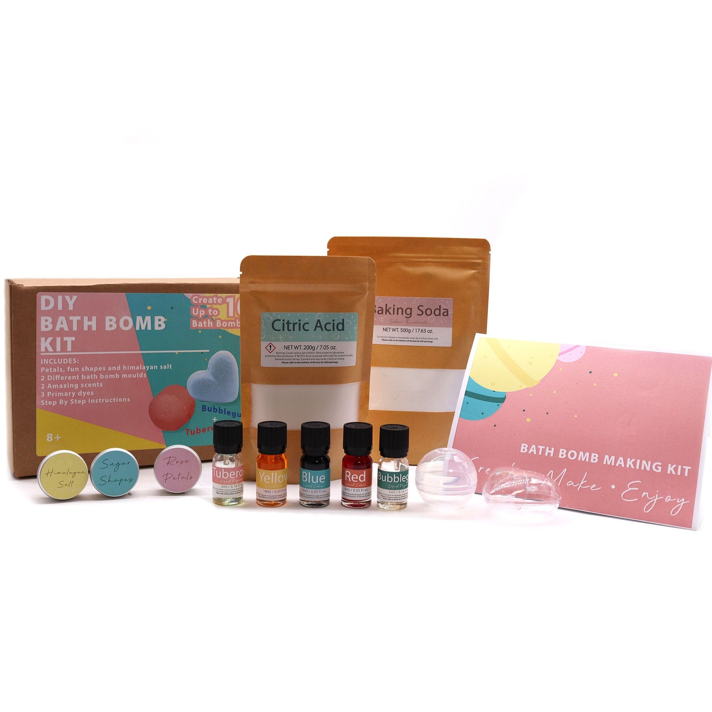 A premium gift box containing three assorted bath bombs in vibrant pink and white hues, perfect for a personalized bath ritual.