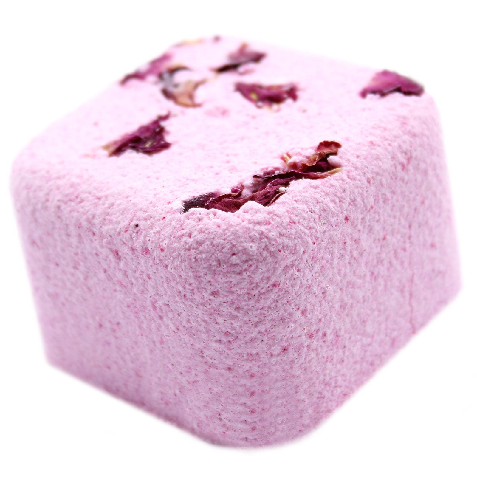 A pink square shower steamer tablet decorated with real dried red rose petals for an aromatherapy shower experience.